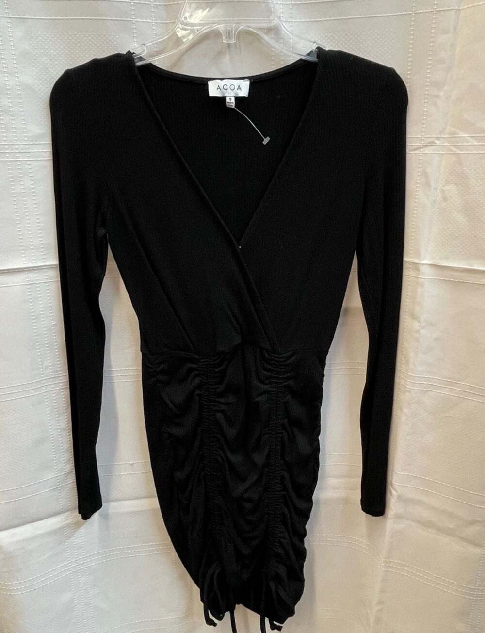 ACOA Black Long Sleeve V-Neck Ruched Bodycon Dress Small